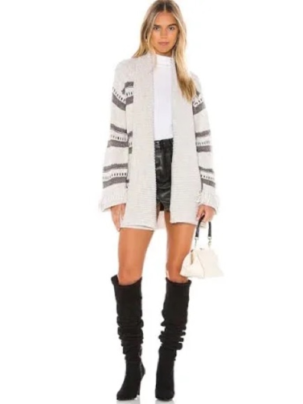Jack By BB DAKOTA Open-Front Cream & Gray Patterned Shawl collar & fringe cuffs
